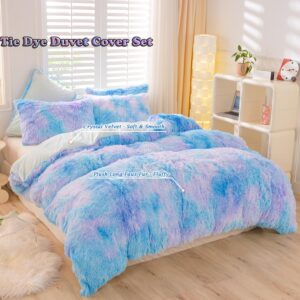 ZRNBAST Shaggy Faux Fur Duvet Cover Set Blue Purple Twin Size Bedding Sets for Girls Kids 3 Pcs Soft Fluffy Tie Dye Ombre Duvet Covers with Zipper Closure(Blue,Twin)