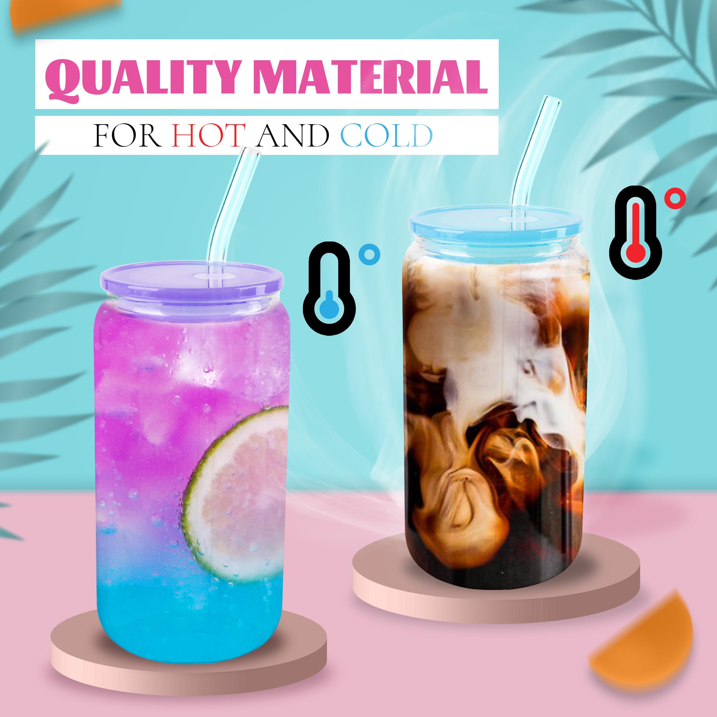 Joyclub 8pcs Glass Cups with Acrylic Lids and Straws 16 oz Can Shaped Glass Iced Coffee Cups with Lids and Straws, Cute Tumbler Cup Drinking Glasses for Smoothie Whiskey Boba Soda Tea Gift