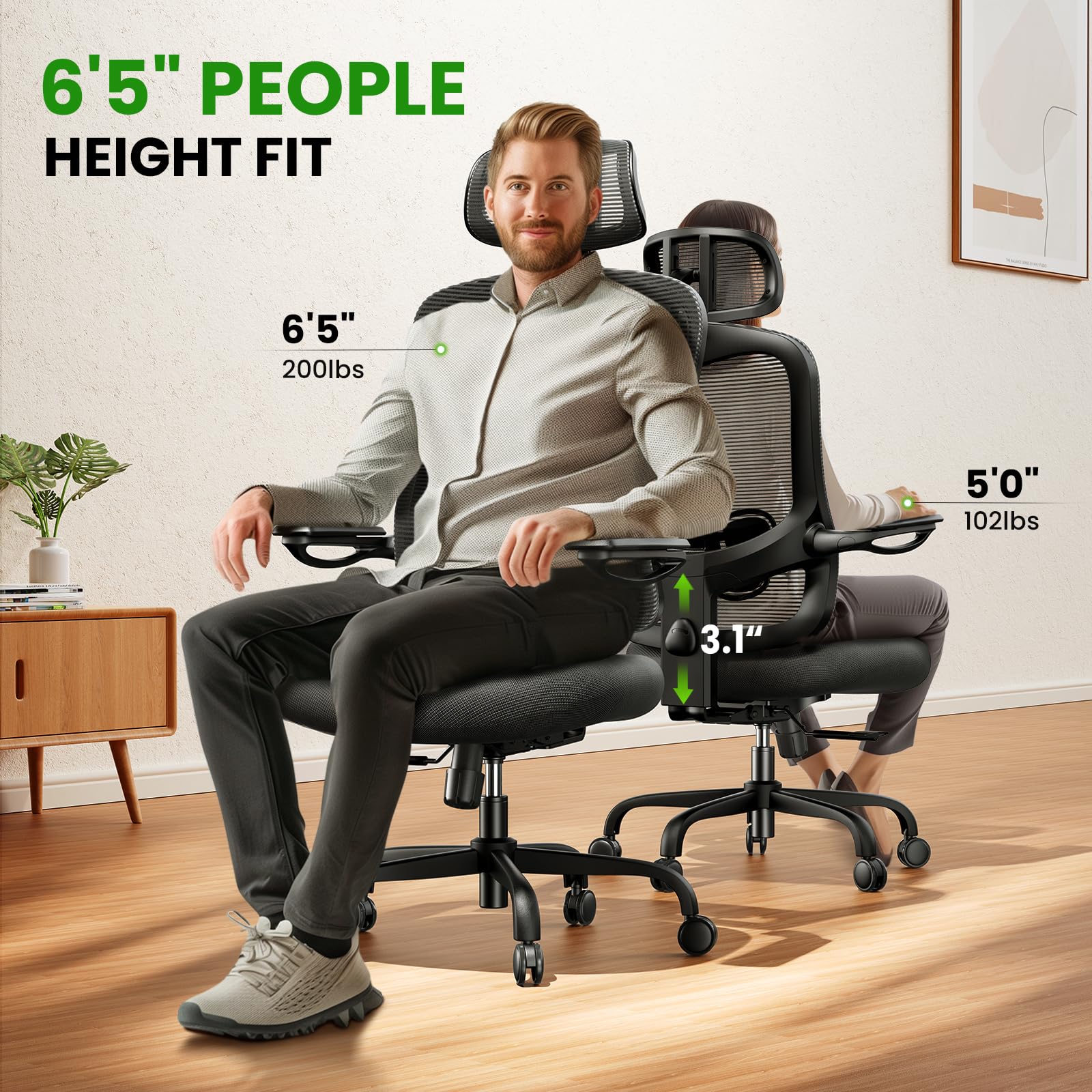 Ergonomic Office Chair Big and Tall - 350LBS Capacity, 6'5" Tall Max, Computer Desk Chairs Over 10 Hours Comfortable, with Adjustable Mesh High Back, Lumbar Support, 3D Headrest, Flip-up Arms