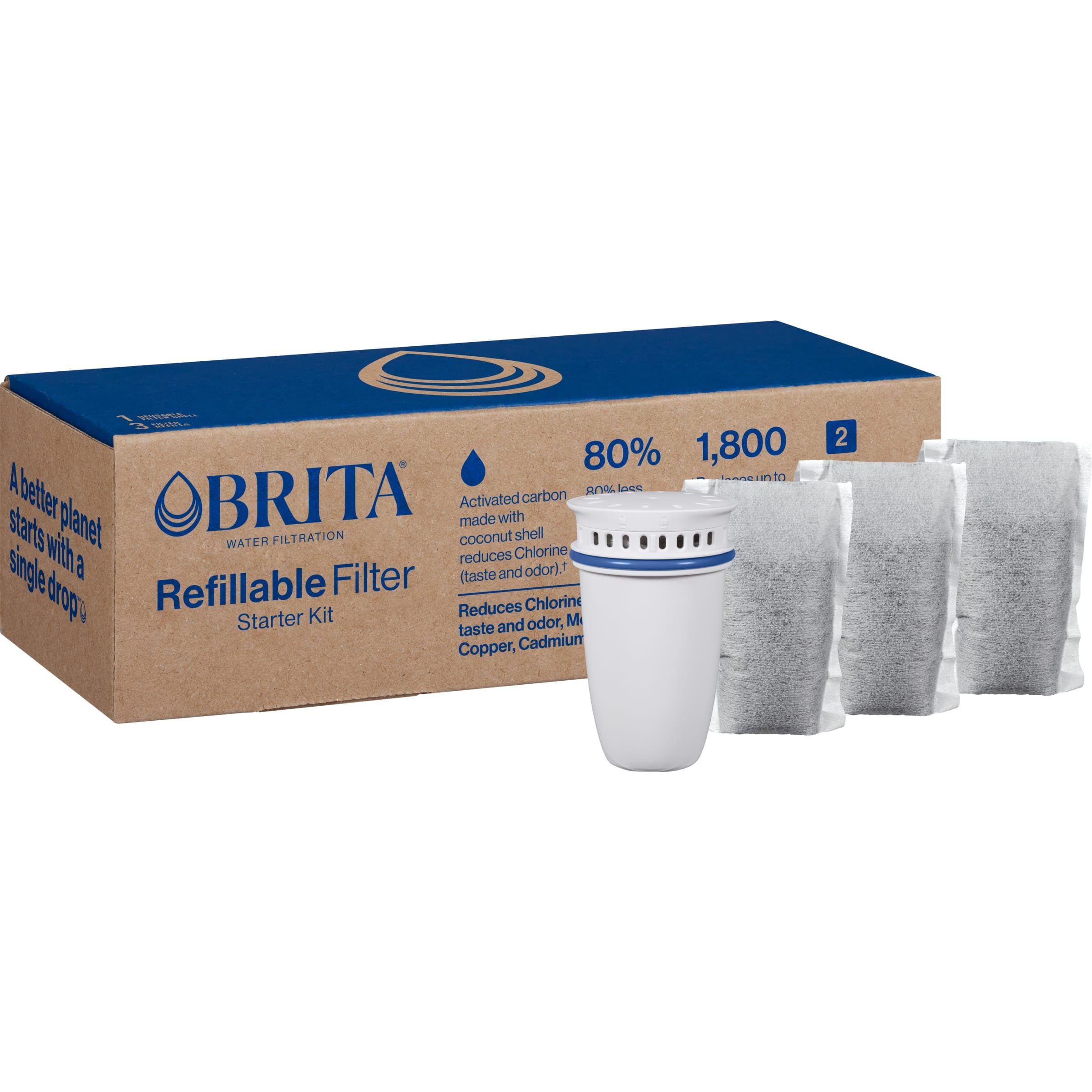 Brita Refillable Filter Starter Kit for Pitchers and Dispensers, BPA-Free, 80% Less Plastic*, Each Water Filter Lasts Two Months, Includes 1 Filter Shell and 3 Refillable Filters