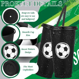 Domensi 12 Pcs Sport Soccer Plastic Tumbler with Lid and Straw 24oz Reusable Plastic Cups Sports Gifts for Fan Friend Guest Birthday Office Sport Party Supplies