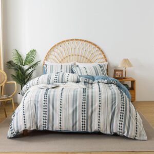 La Sheer Washed Cotton King Size Duvet Cover Set - Tufted Dots Boho Chic Bedding for All Seasons, Striped Pom Pom Bedding Linen Like Textured Breathable Durable Soft Comfy (Blue, 104x90'')