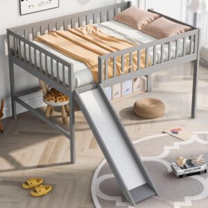 Harper & Bright Designs Full Size Low Loft Bed with Slide, High Guardrail & Ladder, Kids Wooden Full Loft Bed Frame for Girls,Boys, No Box Spring Needed, Gray