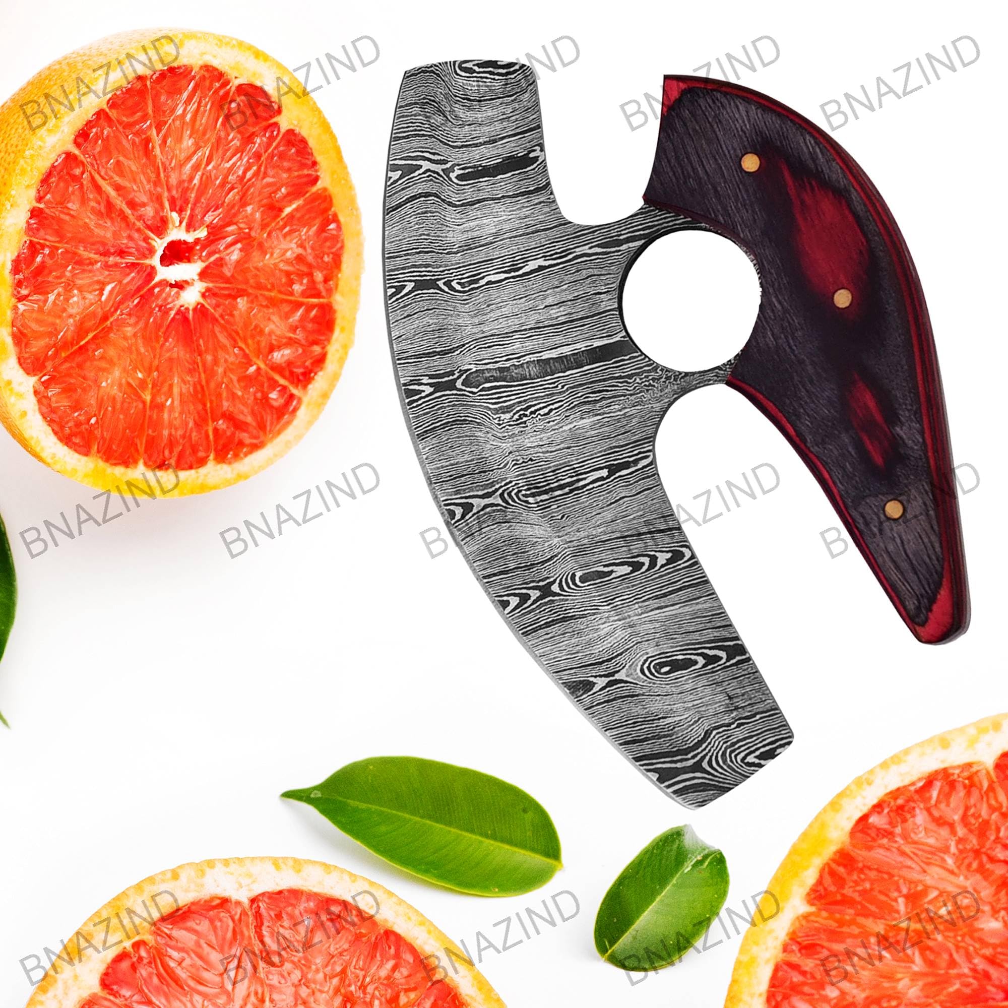 BNAZIND Damascus Alaskan Ulu Knife Pizza Cutter Rocker Knife - Multi-Purpose Damascus Knives For Skinning, Hunting, Chopping knife with Sheath, Damascus Steel Chef Knives