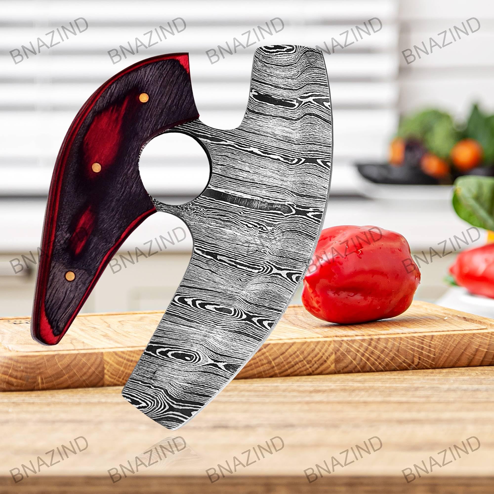 BNAZIND Damascus Alaskan Ulu Knife Pizza Cutter Rocker Knife - Multi-Purpose Damascus Knives For Skinning, Hunting, Chopping knife with Sheath, Damascus Steel Chef Knives