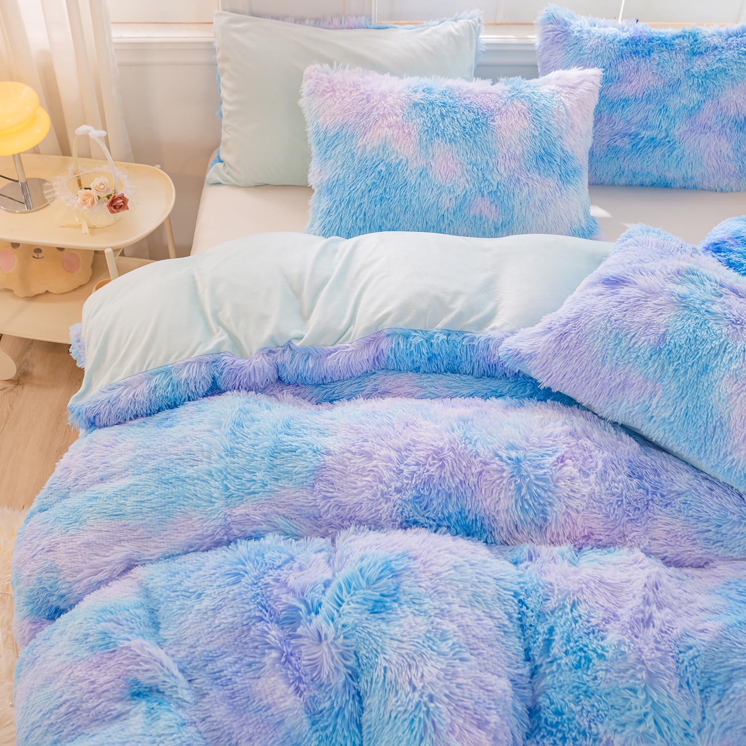 ZRNBAST Shaggy Faux Fur Duvet Cover Set Blue Purple Twin Size Bedding Sets for Girls Kids 3 Pcs Soft Fluffy Tie Dye Ombre Duvet Covers with Zipper Closure(Blue,Twin)