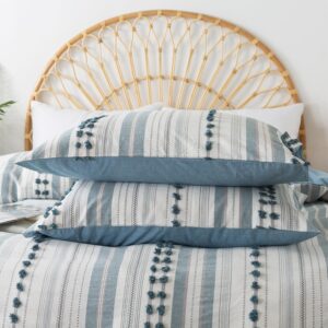 La Sheer Washed Cotton King Size Duvet Cover Set - Tufted Dots Boho Chic Bedding for All Seasons, Striped Pom Pom Bedding Linen Like Textured Breathable Durable Soft Comfy (Blue, 104x90'')