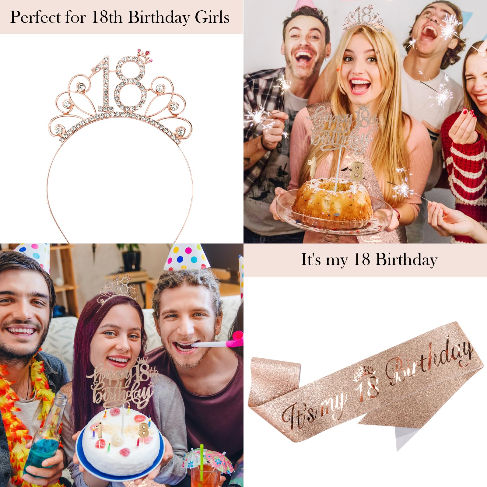 Tihebax 4Pcs 18th Birthday Decorations for Girls, Including 18th Birthday Sash with Pearl Pin Happy 18th Birthday Cake Toppers 18th Birthday Candles Sparky 18th Tiara Crown Birthday Gift for Girls