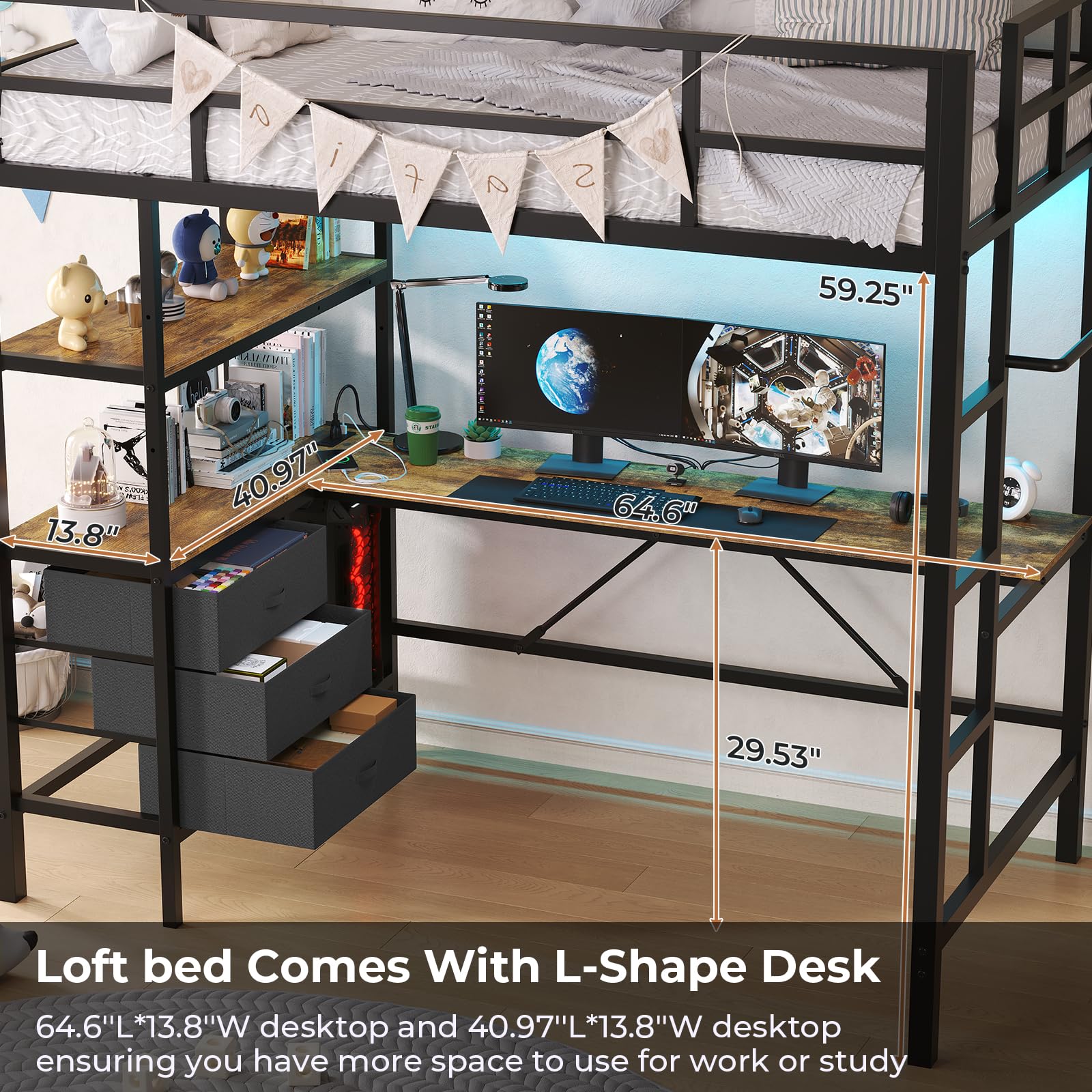 DICTAC Twin Metal Loft Bed with L-Shaped Desk, LED Lights,Charging Station LED Loft Bed Frame Twin Size with 3 Storage Shelves and 3 Fabric Drawers, Safety Guard & Ladder, No Box Spring Needed, Black