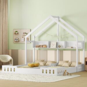 Harper & Bright Designs Twin House Bed for 2 Kids,Wood Double Twin Platform Beds with Rails, Montessori Floor Bed,Two Shared Beds with Shelves and Guardrail,Creamy White