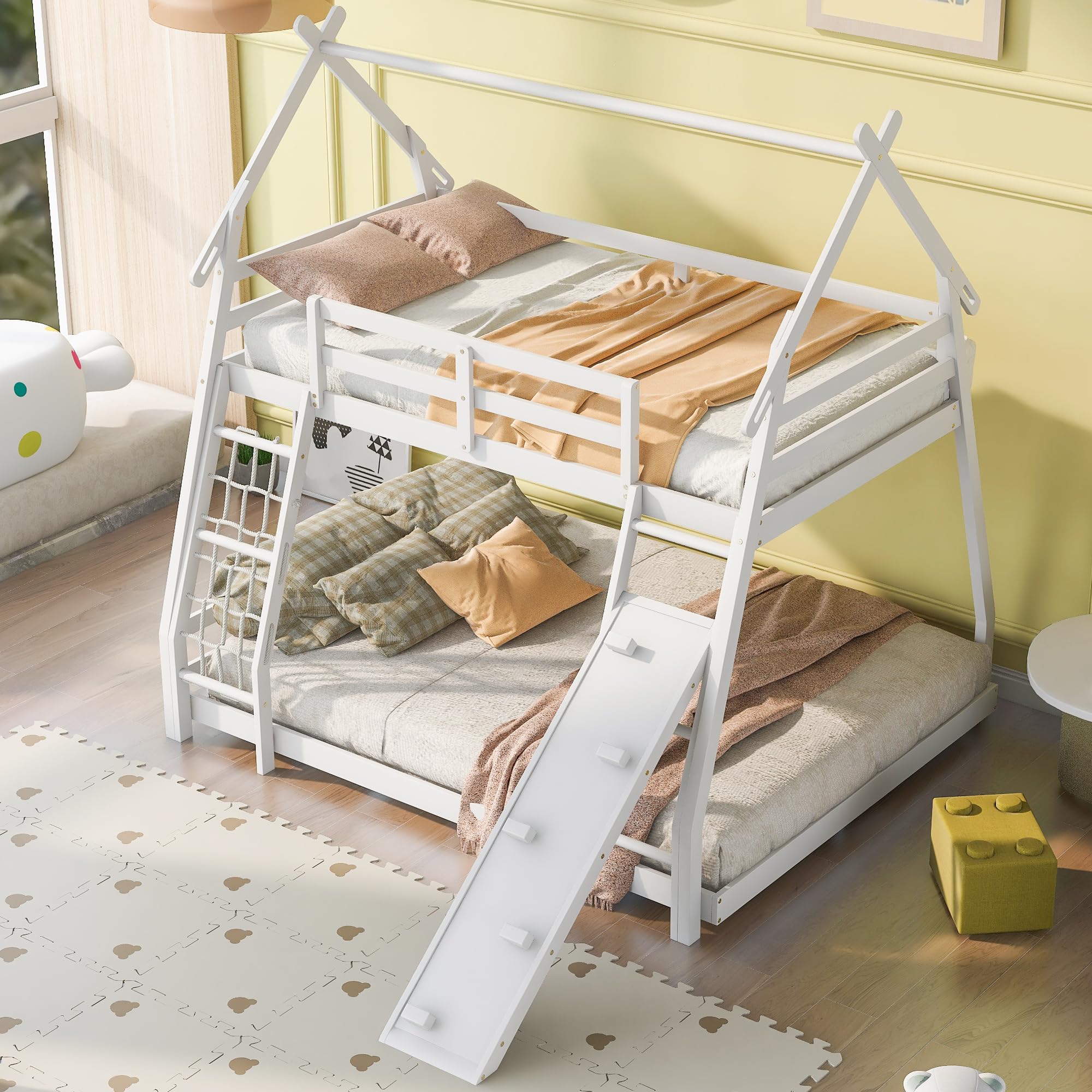 Harper & Bright Designs Twin Over Queen Bunk Bed with Climbing Nets and Climbing Ramp,Wooden Playhouse Bunk Beds for Kids,Girls & Boys,No Box Spring Needed, White