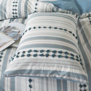 La Sheer Washed Cotton King Size Duvet Cover Set - Tufted Dots Boho Chic Bedding for All Seasons, Striped Pom Pom Bedding Linen Like Textured Breathable Durable Soft Comfy (Blue, 104x90'')