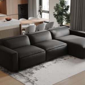 Valencia Nathan Napa Leather Couch - 3 Seats with Right Chaise Sectional Sofa - 100% Full Aniline Leather Modern Sofa for Lounge and Living Room Solid Wood Frame and High-Resilience Foam Couch (Black)