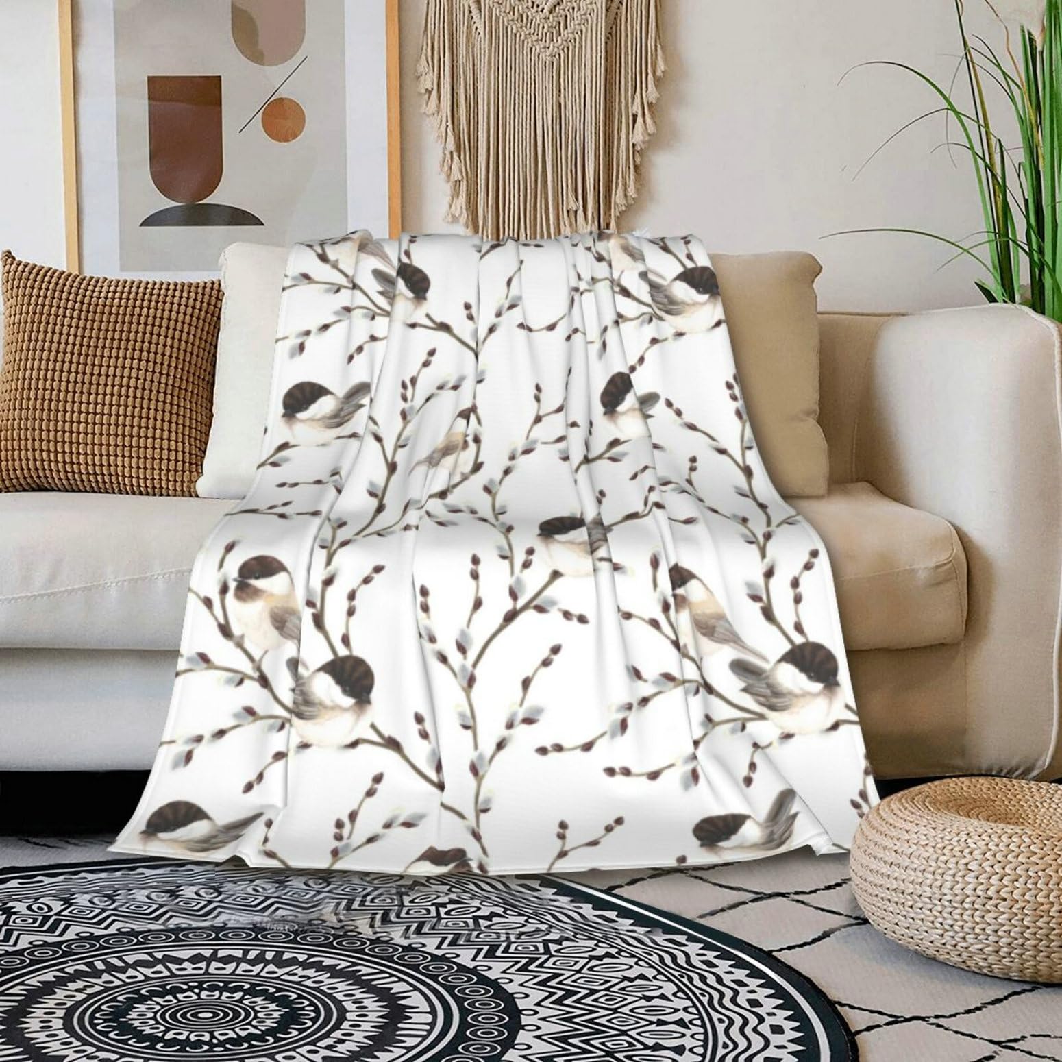 HGOD DESIGNS Bird Throw Blanket Flannel Fleece Blanket Willow Branches and Birds Black-Capped Chickadee Lightweight Throw for Bed Sofa Travel Teens Birthday s 50" x 60