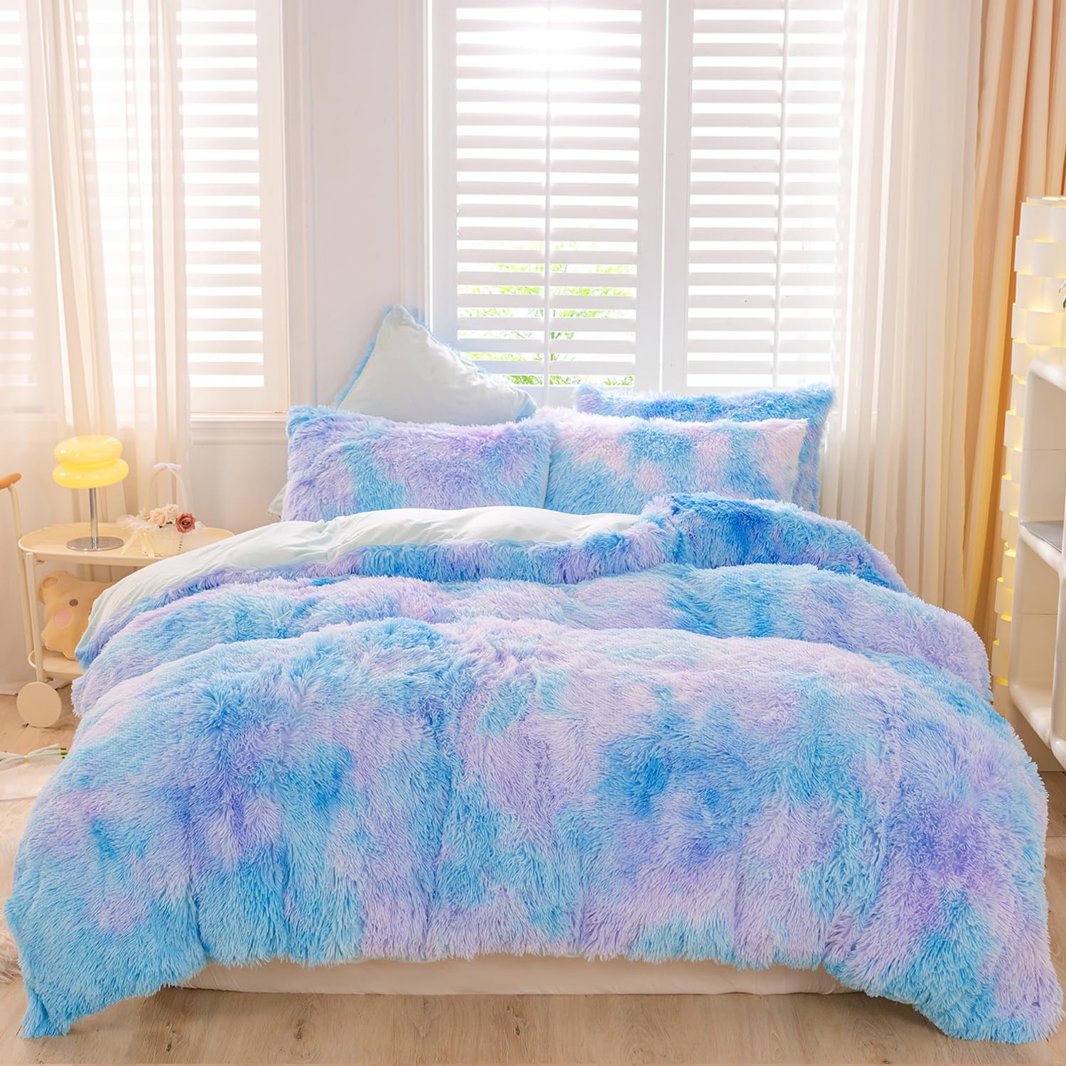 ZRNBAST Shaggy Faux Fur Duvet Cover Set Blue Purple Twin Size Bedding Sets for Girls Kids 3 Pcs Soft Fluffy Tie Dye Ombre Duvet Covers with Zipper Closure(Blue,Twin)