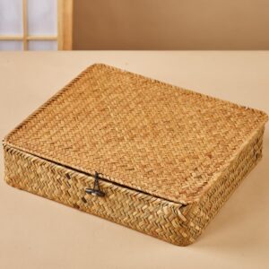 Flat Seagrass Storage Basket Bins with Lid - Set of 2 Wicker Baskets Bins Rectangular Woven Baskets Box Home Organizer Bins for Shelf Organizing, Large Size 13"x11"