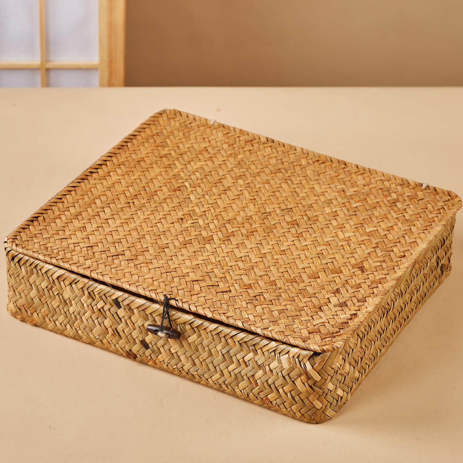 Flat Seagrass Storage Basket Bins with Lid - Set of 2 Wicker Baskets Bins Rectangular Woven Baskets Box Home Organizer Bins for Shelf Organizing, Large Size 13"x11"