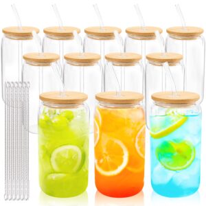 joyclub 12 set glass cups with bamboo lids and straws 16oz can shaped reusable iced coffee cups with lids, drinking glasses tumbler with straw and lid for soda boba tea cocktail whiskey gift