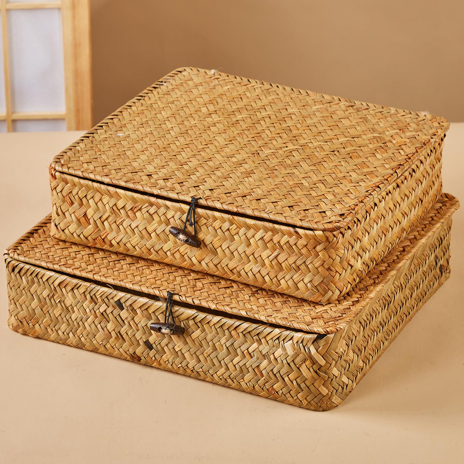 Flat Seagrass Storage Basket Bins with Lid - Set of 2 Wicker Baskets Bins Rectangular Woven Baskets Box Home Organizer Bins for Shelf Organizing, Large Size 13"x11"