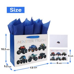 13" Large Truck-themed Gift Bags Set with Greeting Card and Tissue Paper (Monster Trucks Design) for boys, Kids Birthday Party,Baby boy,Baby Shower,Newborn,New Moms or Parents -13”x5.2”x10.2”, 1 Pcs