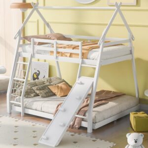 Harper & Bright Designs Twin Over Queen Bunk Bed with Climbing Nets and Climbing Ramp,Wooden Playhouse Bunk Beds for Kids,Girls & Boys,No Box Spring Needed, White