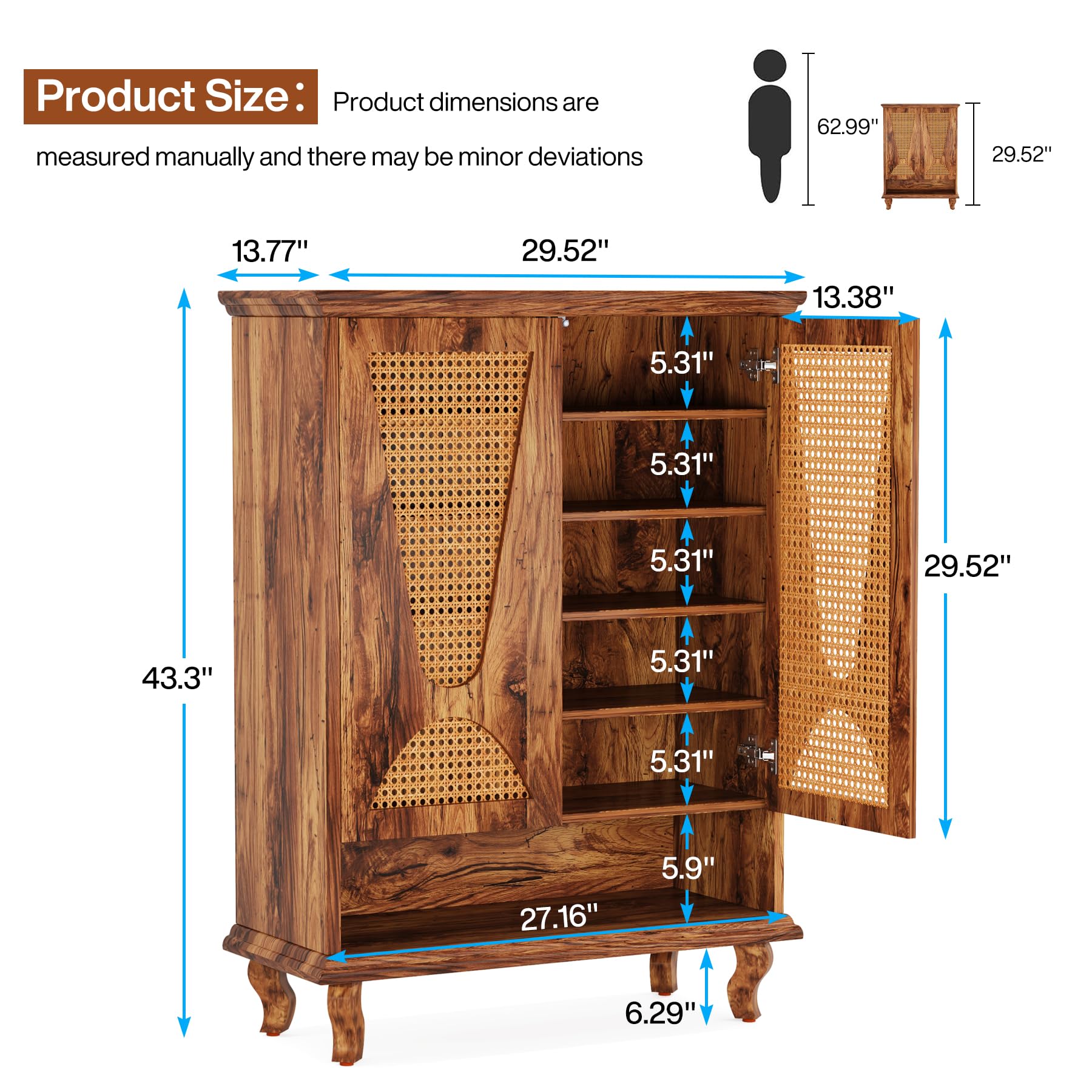 Tribesigns Rattan Shoe Cabinet for Entryway, 5-Tier Large Hidden Shoe Organizer Cabinet with Ventilated Doors, Modern Freestanding 25-Pair Shoe Rack Closet Organizer Shoe Storage Cabinet