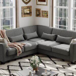 Belffin Fabric L Shaped Sofa Small Sectional Couch with Chaise Solid Corner Sofa Small L Couches 5 Seater Sofa Light Grey