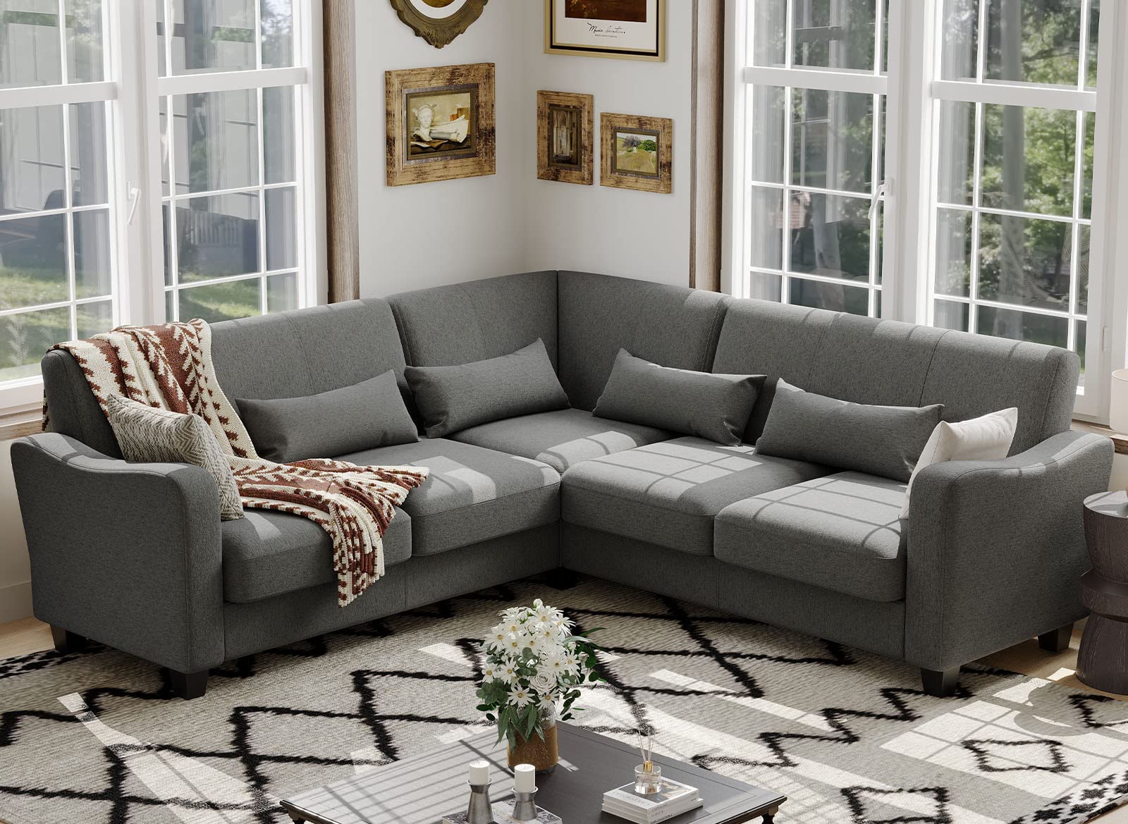 Belffin Fabric L Shaped Sofa Small Sectional Couch with Chaise Solid Corner Sofa Small L Couches 5 Seater Sofa Light Grey