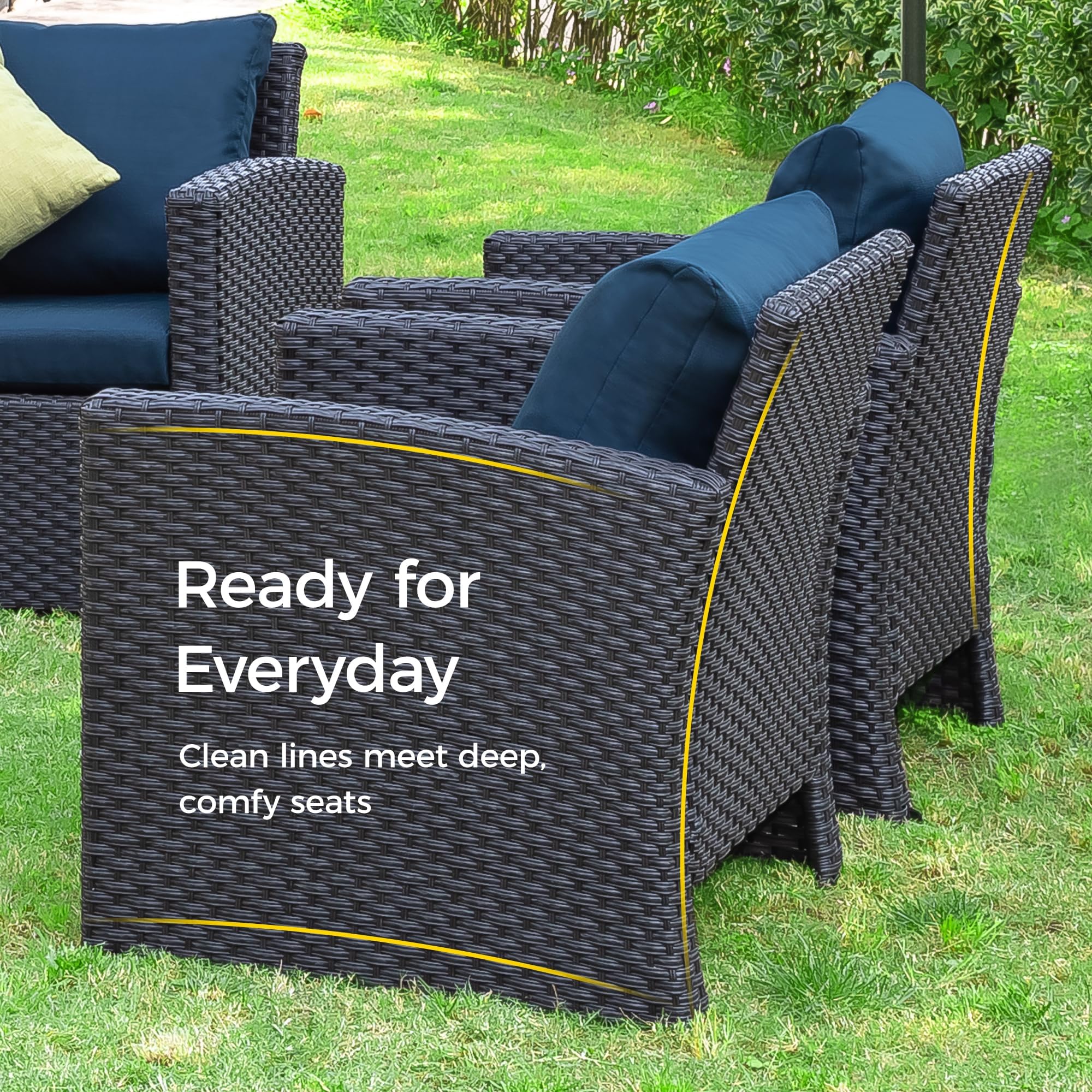 Green4ever 6 Pieces Patio Furniture Sets, All-Weather Outdoor Sectional Sofa Wicker Rattan Couch Modern Conversation Set with Coffee Table and Blue Cushion for Backyard, Garden