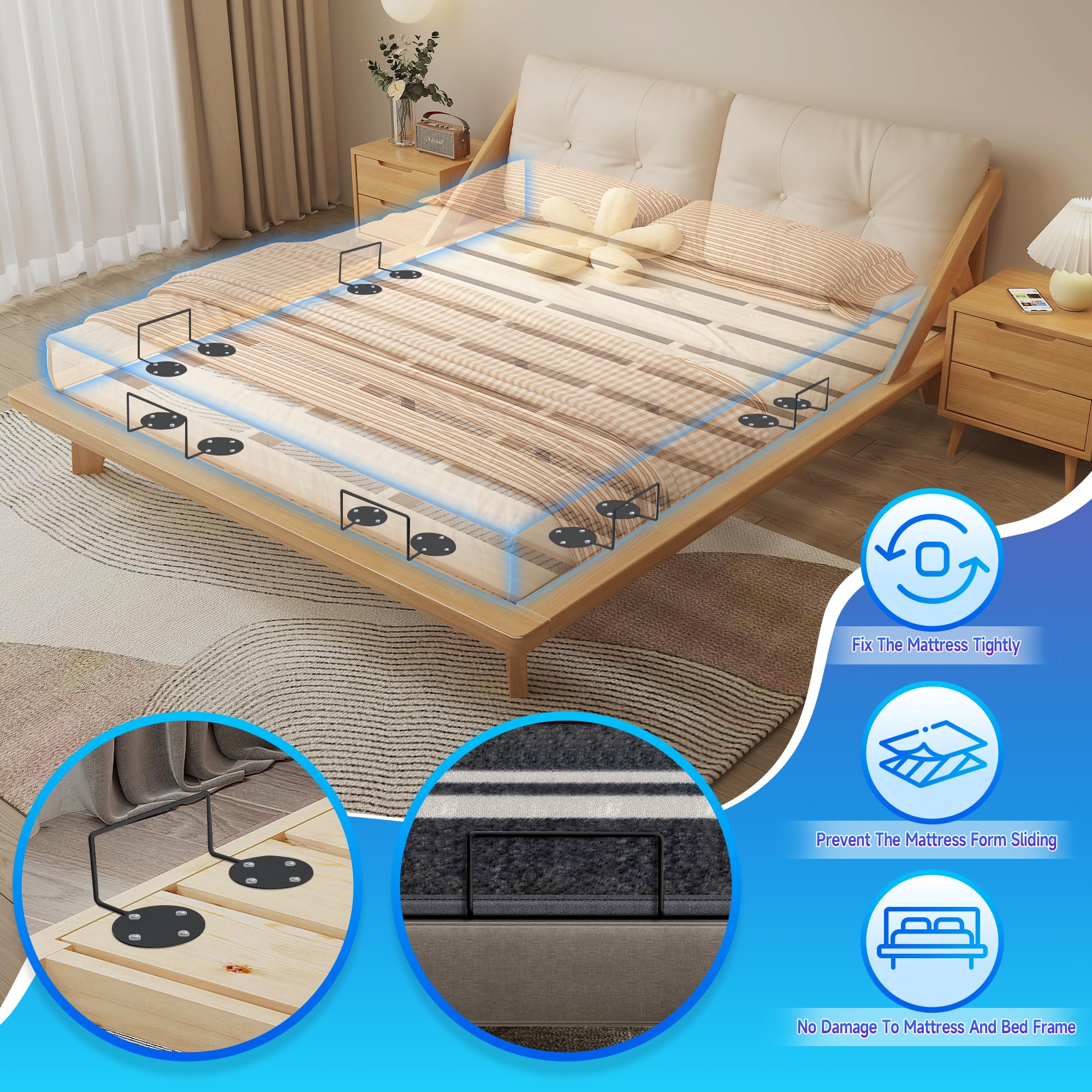 Mattress Retainer Bar for Adjustable Bed, Mattress Stoppers to Prevent Sliding, Mattress Holder in Place, Non Slip Mattress Gaskets for Bed Frame, Mattres Gripper Bracket Keep Mattress from Sliding