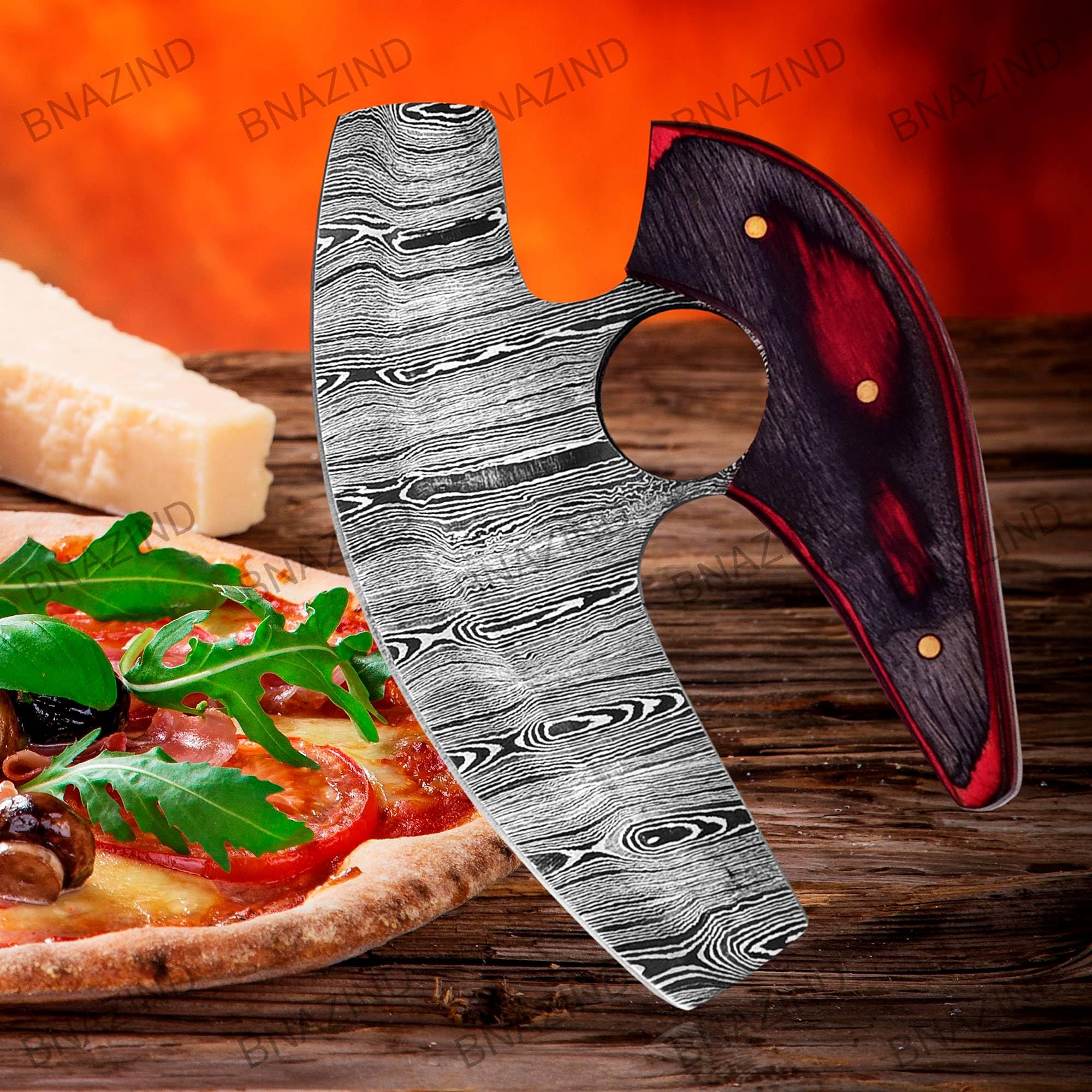 BNAZIND Damascus Alaskan Ulu Knife Pizza Cutter Rocker Knife - Multi-Purpose Damascus Knives For Skinning, Hunting, Chopping knife with Sheath, Damascus Steel Chef Knives