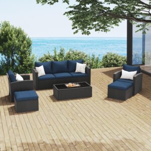 green4ever 6 pieces patio furniture sets, all-weather outdoor sectional sofa wicker rattan couch modern conversation set with coffee table and blue cushion for backyard, garden