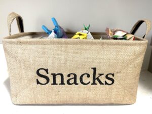 snack storage bin for pantry - burlap storage basket for organizing your chips, popcorn, candy, pretzels and more. kitchen container for treats. great for movie night or for kids to grab and go.