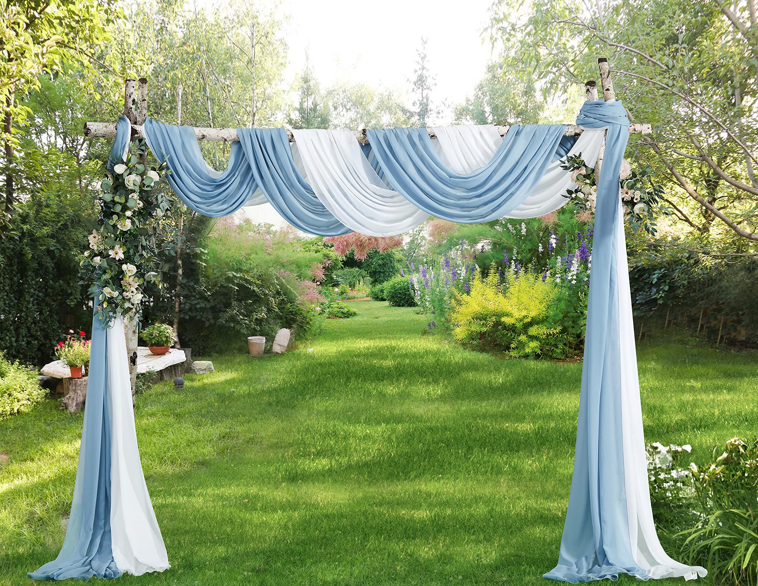 WARM HOME DESIGNS White & Dusty Blue Chiffon Wedding Arch Drapery Fabric. Pair of 144" (12 Feet or 4 Yards) Luxury Wedding Arch Decorations for Rustic Wedding Decor. CHW White & D Blue 144