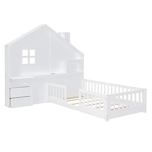 RORIGAT Wooden Twin Size House Bed with Window and Bedside Drawers, Platform Bed Frame with Shelves and a Set of Sockets and USB Port for Kids/Bedroom,White