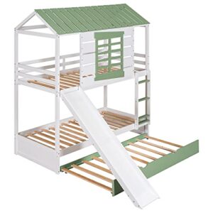 RORIGAT House Bunk Beds with Slide for Kids, Wood Twin Over Twin Bunk Beds with Trundle and Convertible Slide,Slide Playhouse Bed for Girls Boys, White+Green