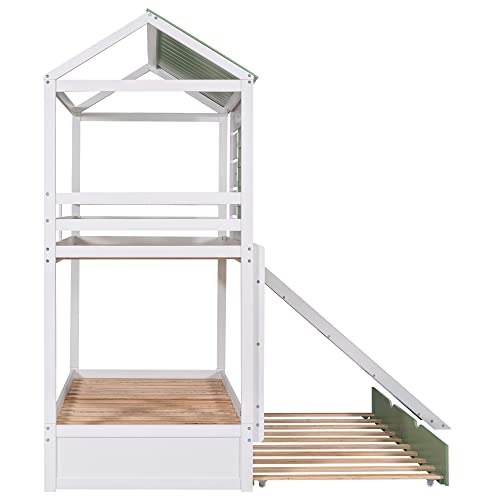 RORIGAT House Bunk Beds with Slide for Kids, Wood Twin Over Twin Bunk Beds with Trundle and Convertible Slide,Slide Playhouse Bed for Girls Boys, White+Green