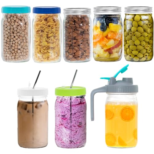 Mason Jars 32 oz (14pc Set) Multi-Purpose Wide Mouth Mason Jars 32 oz |Use Quart Mason Jars as Mason Jar Pitcher, Breastmilk Pitcher, 32 oz Mason Jars, Juice Pitcher or Canning Jars 32 oz -Leakproof