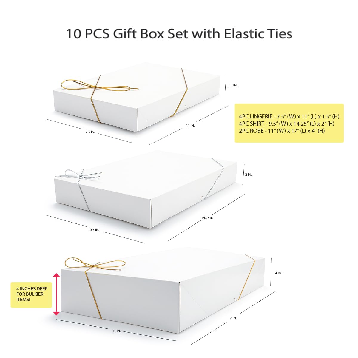 NATIVICO 10 Premium Assorted Gift Boxes for Presents - White Gift Boxes with Lids and Elastic Loops- 4-inch Deep Robe Boxes and Additional Gift Box Sizes Good for Shirt and Lingerie