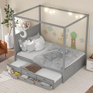 rorigat queen size canopy platform bed with twin trundle and three storage drawers, wooden daybed frame beds for kids teens boys girls,gray