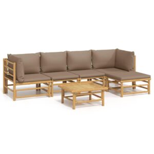 vidaXL 6 Piece Bamboo Patio Furniture Set with Taupe Cushions - Durable Outdoor Sectional Sofa for Garden, Deck, or Lounge Area - Modular Design with Coffee Table