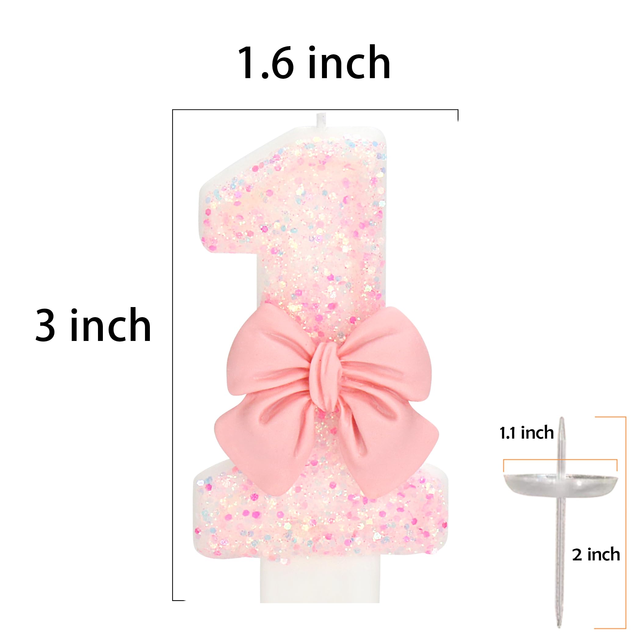 ElekFX Birthday Candle for Cake, 1 Candle - Pink Glitter with Bowknot, 2.76 inch Happy Birthday Candle, Cake Topper Decoration for 1 Year Old Birthday Party (Number 1)