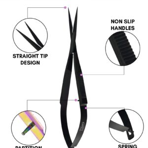 Cross Edge Spring Scissors 5 Inch straight Stainless Steel Precision Eyebrow & Eyelash Shaping & Trimming Scissor, Snips Squeeze Scissors, Embroidery, Knitting Micro Tip Craft Scissors (Black)