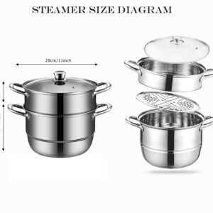 Steamer for Cooking, Food Grade Stainless Steel Steamer Pot, 11 inch Steam Pots with Glass Lid 2-tier for Cooking Vegetables, Seafood, Soups, Stews and Pasta Cooking Tool (28cm)