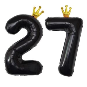 yfhvjtko 40 inch number 27 black crown balloon set,27th celebration decorations for happy 27th birthday party wedding bridal shower engagement photo shoot anniversary decoration, black 27 balloon