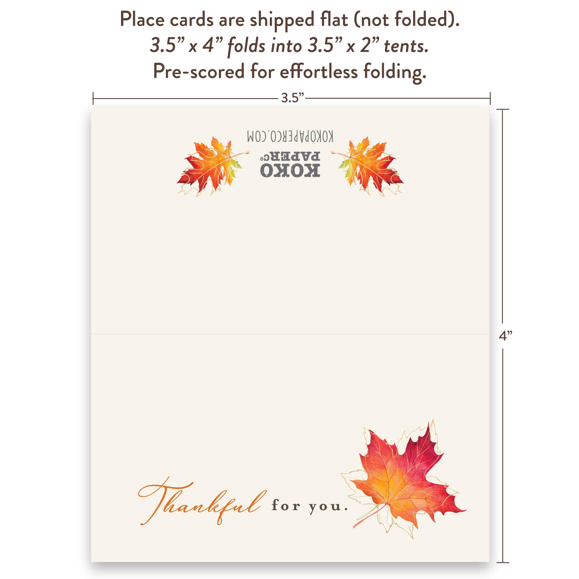 Koko Paper Co Maple Leaf Thankful for You Thanksgiving Table Place Cards | 50 Tent Style Dinner Setting Name Cards | Designed and Made in the U.S.A.