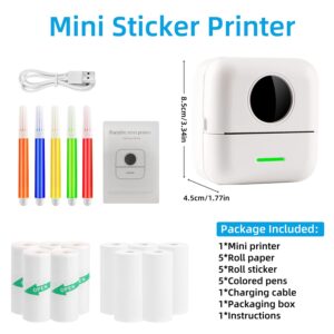 PRINHSJI Mini Printer Thermal Sticker Printer with 11 Rolls Thermal Paper and Sticker for iOS&Android,Portable Bluetooth Pocket Printer for Study Notes, Pictures, DIY, Label