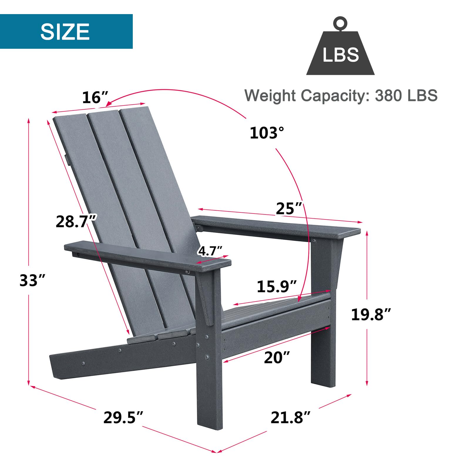 Skypatio Adirondack Chair, All-Weather Patio Fire Pit Chairs High-Density Polyethylene Adirondack Chairs for Porch, Balcony, Garden, Deck, Lawn, Backyard, Grey