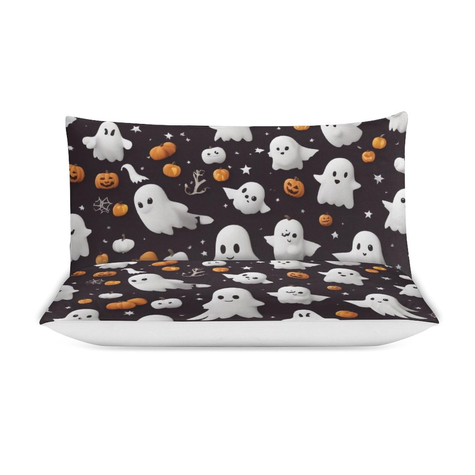 ZGDPBYF Halloween Quilts King Size 3D Cartoon White Ghost Pumpkin Printed Pattern, 3 Piece Quilt Bedding Set,Coverlet Set for All Season -1 Duvet Cover & 2 Pillowcases(No Comforter) 102"X92"