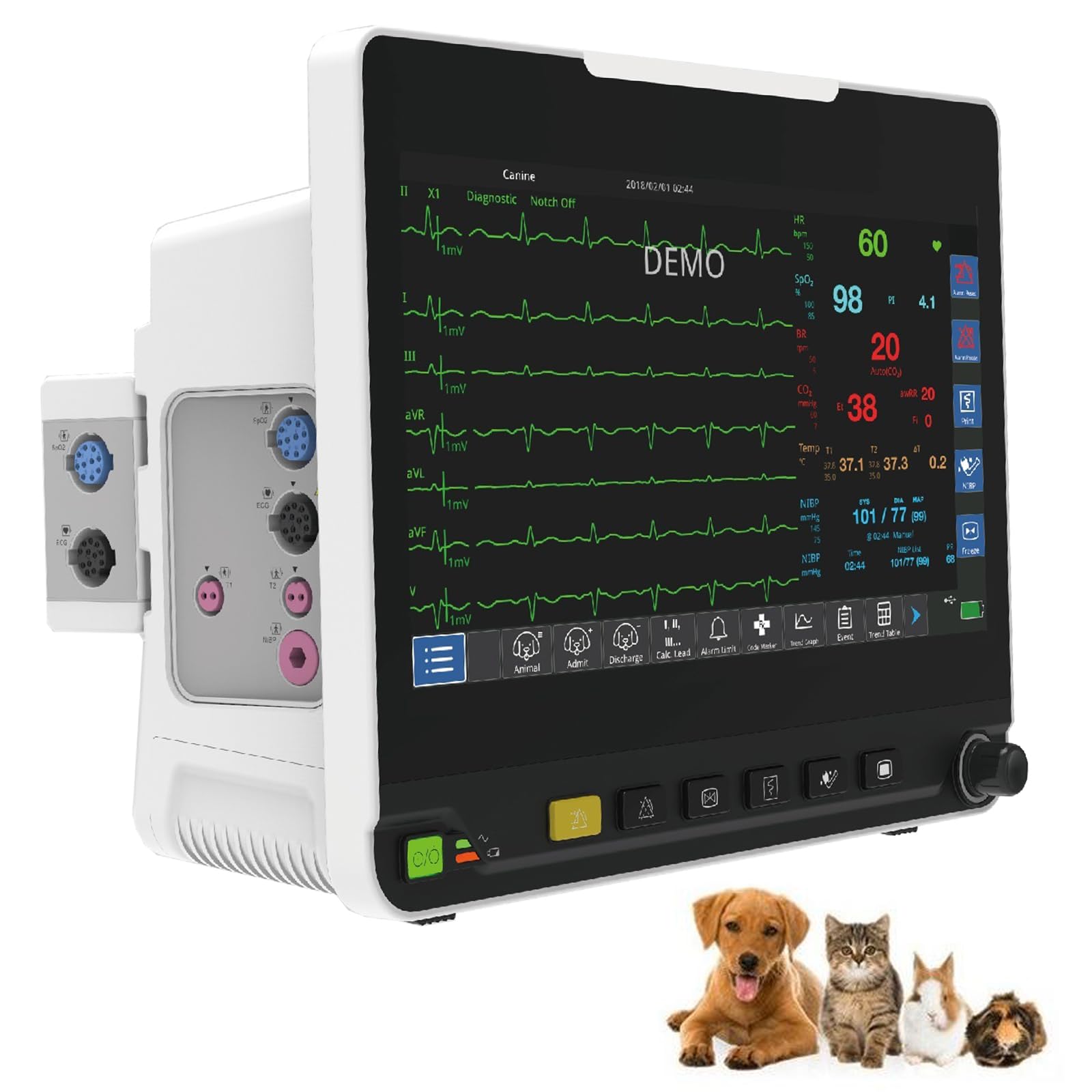 Veterinary Equiment Vet Patient Monitor Multiparameter ICU Machine, ECG, Blood Oxygen, Blood Pressure, Respiratory Rate, Body Temperature, Heart Rate Veterinärmonitor for Dog, Cat and Animal